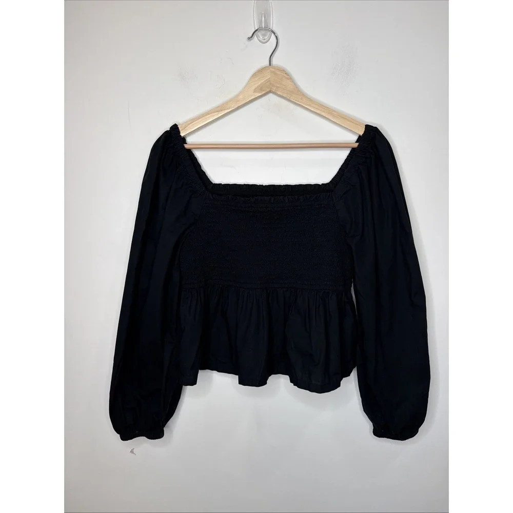 J. Crew Smocked Peplum Top Puff Sleeve Square Neck Fit Flare Black Women's L